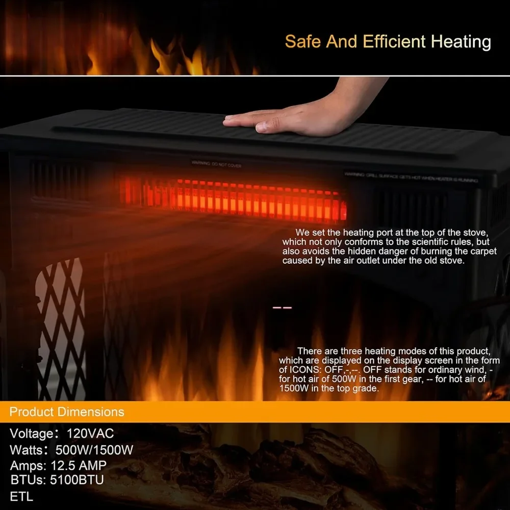 Estufa de chimenea eléctrica de 24 pulgadas, estufa de chimenea infrarroja independiente, llama 3D controlable, 4 llamas variables y colores de registro