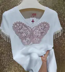 New In Fashion Y2K Beading Tassel Butterfly Sequined Embroidery Cotton T-shirt Woman Clothing Graphic T ShirtsTops Tees
