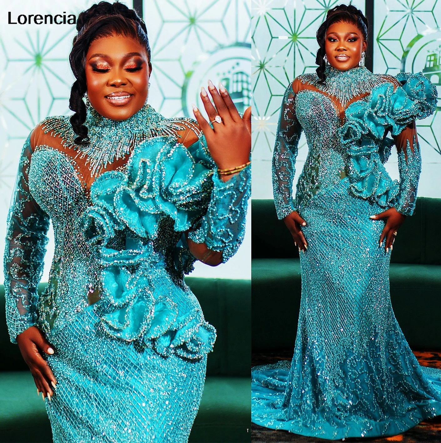 Maßgeschneidertes elegantes grünes arabisches Abendkleid Aso Ebi Kristall Perlen Frauen Langarm Hochzeitskleid Geburtstagskleid YPD232