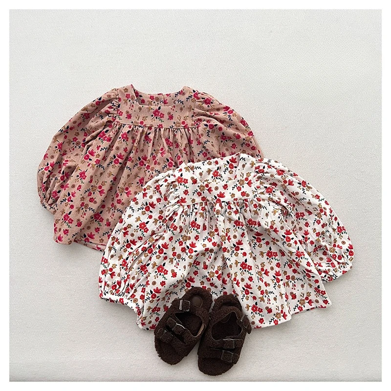 Baby Girl Corduroy Clothes Autumn and Winter New Style Loose Shirt Flower Picture Vintage Long Sleeve Clothes