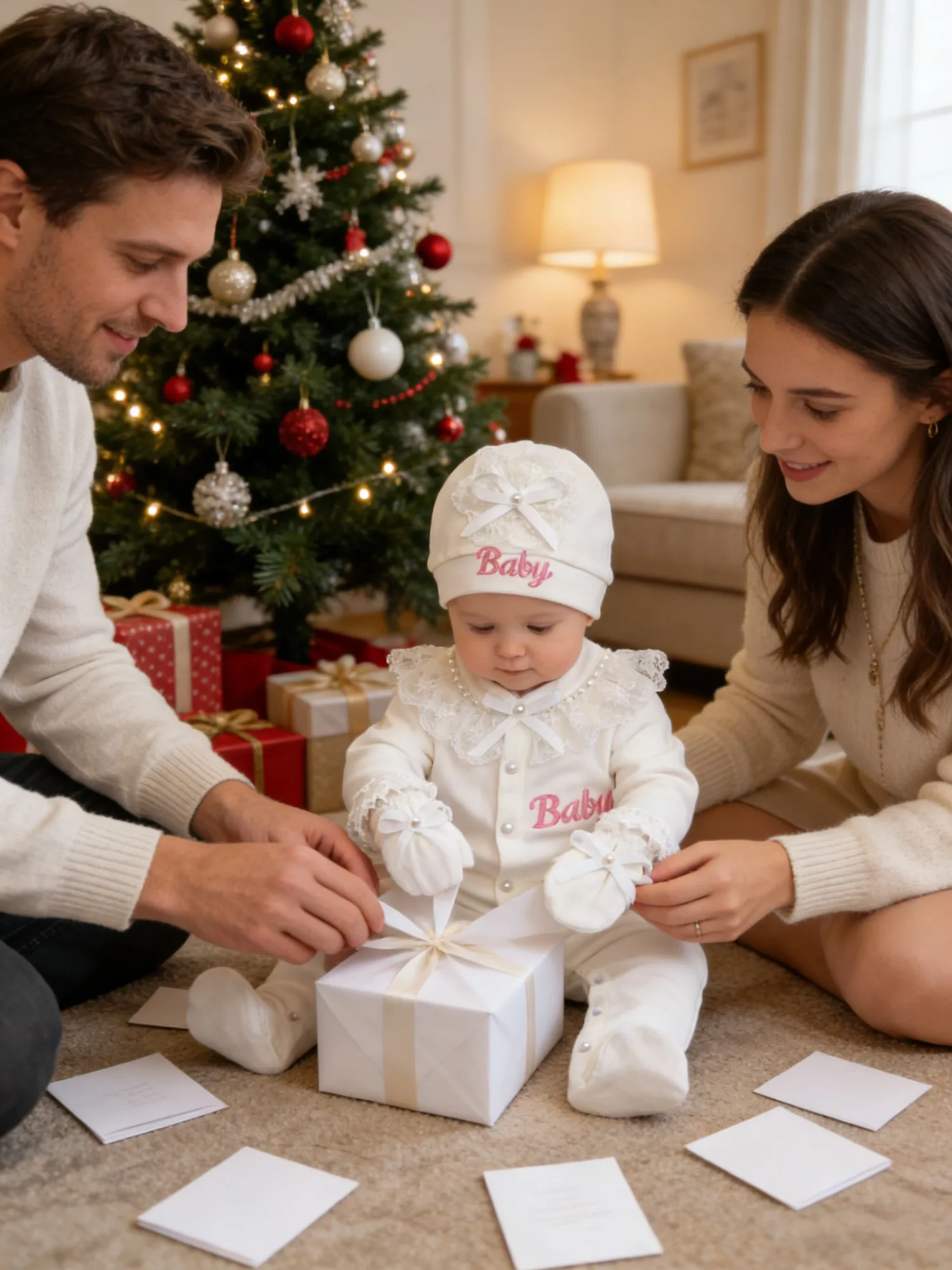 新生児の女の子用ギフトセット-コットンカーディガン、ロンパース、帽子、ミトン（レース、パール、ベビー刺繍付き）