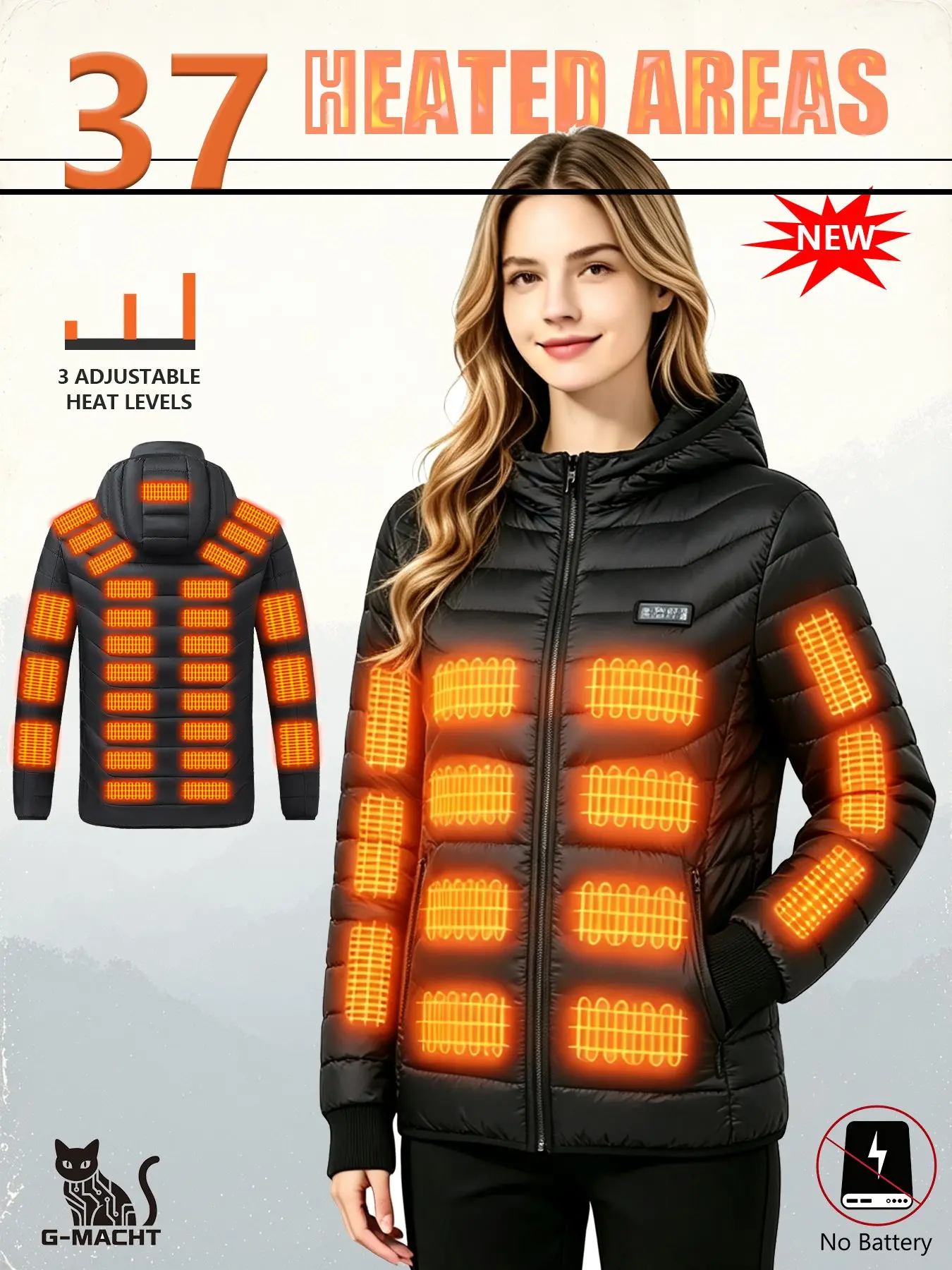 G-MACHT Unisex USB 38 Zones Heated Hooded Jacket CLOTHIN,4‑Switch Control,Long Sleeve Winter Warm Coat for Camping Hiking Skiing