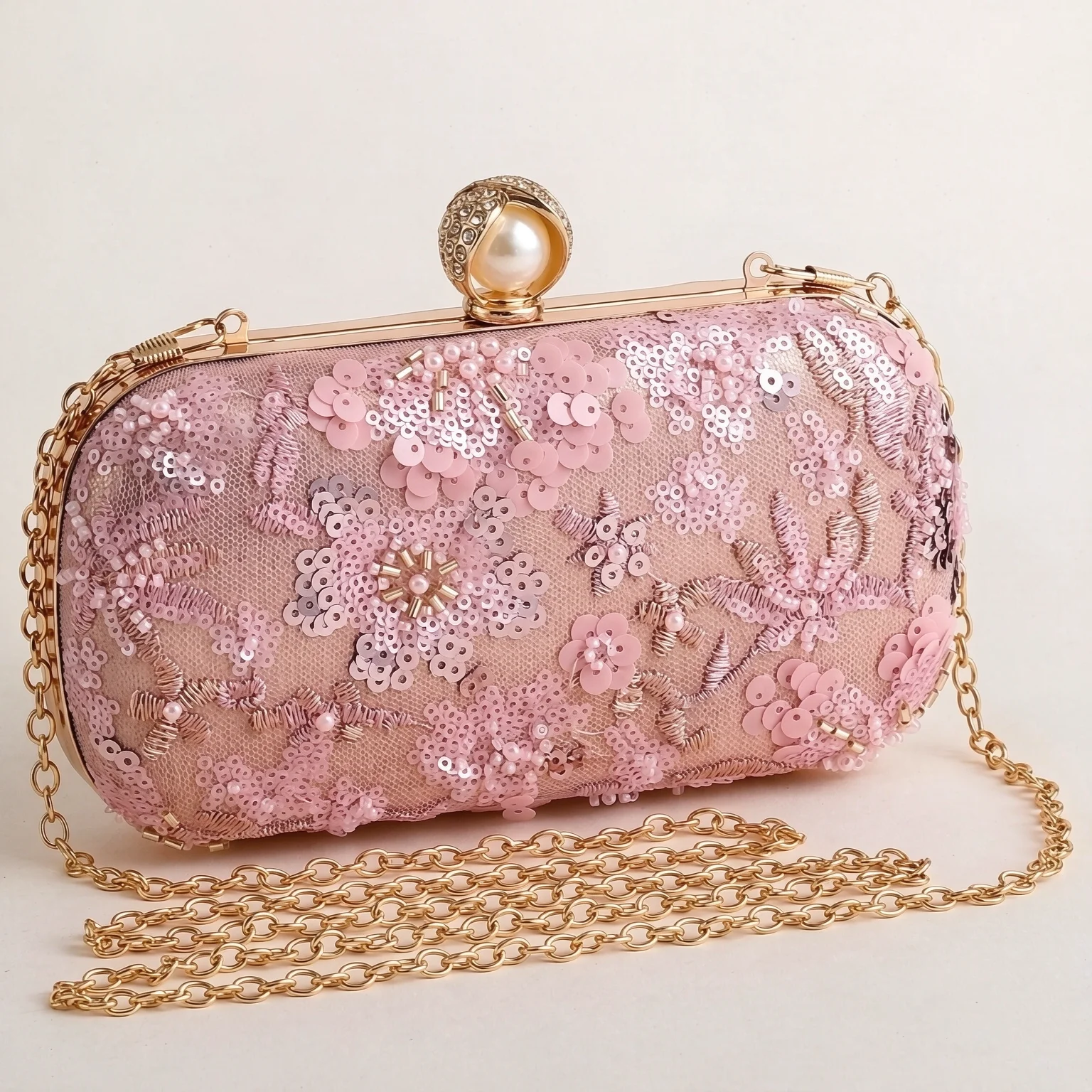 Glam Chic Floral Sequin Hardcase Clutch, Pearl Rhinestone Lock, Dual Sided Design with Detachable Chain for Wedding Prom