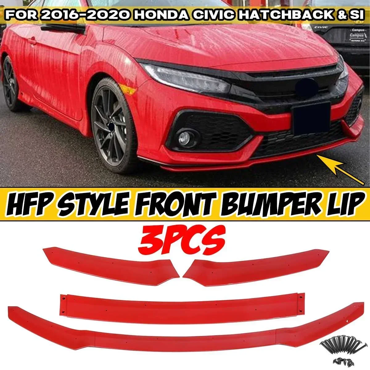 

3x Car Front Bumper Lip Spoiler Splitter Diffuser Protection Deflector Lip For Honda For Civic Hatchback & Si 2016-2020 Body Kit