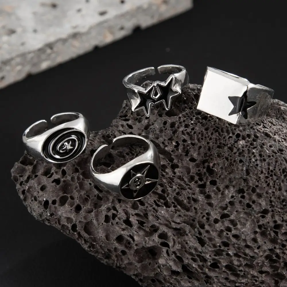 4pcs Irregular Design Geometric Open End Rings Black Five-Pointed Star Bold Design Stainless Steel Rings Vintage Knuckle