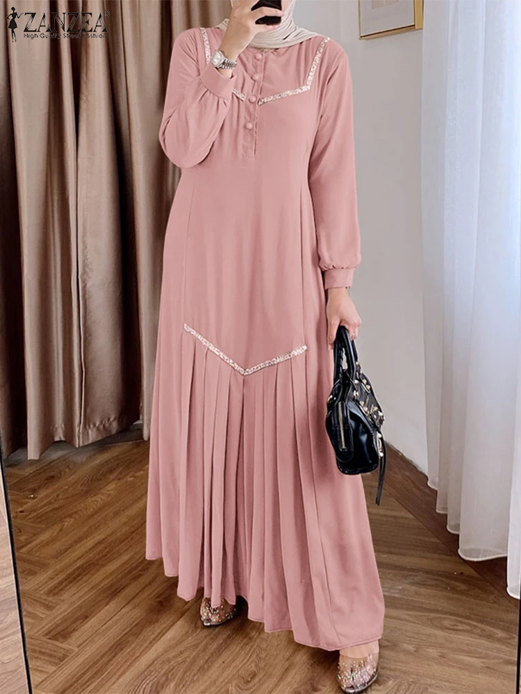 

Elegant Women Maxi Dresses 2025 ZANZEA Muslim Abaya Dress Women Long Lantern Sleeve Vestido Pleated Sundress IsIamic Robe Kaftan