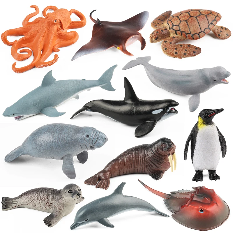 

Oenux Sea Life Animals Octopus Whale Shark Turtle Manatee Dolphin Penguin Model Action Figures PVC Ocean Education Kid Toy Gift