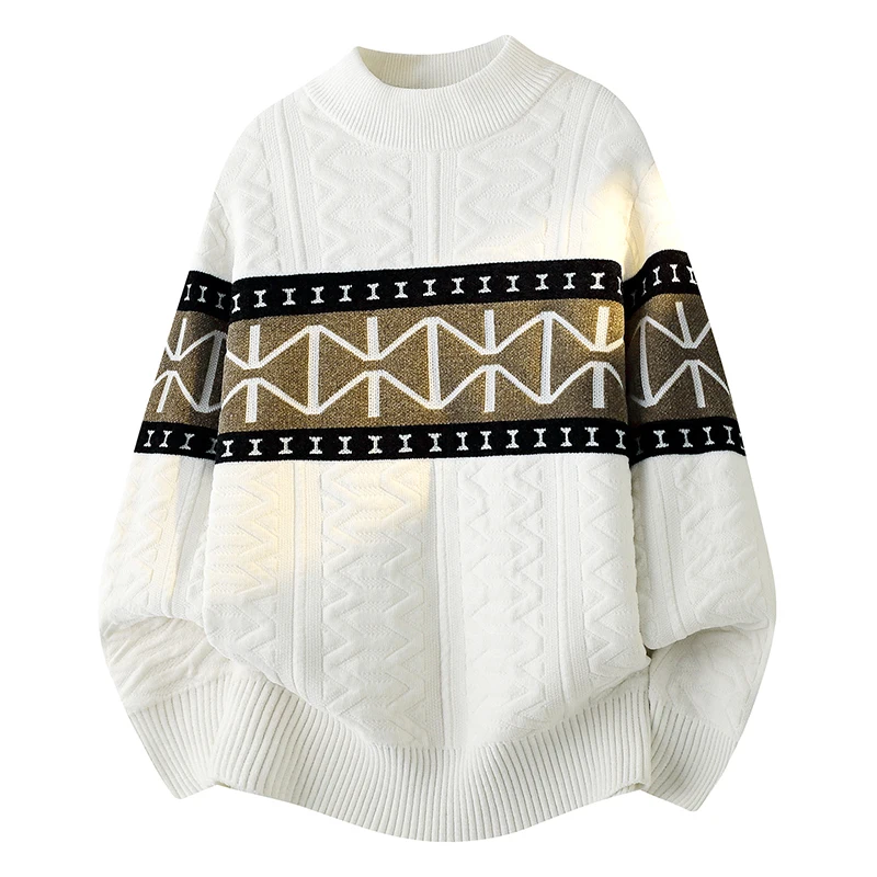 

Осенний жаккардовый мужской свитер с цветными блоками, пуловер со средним круглым вырезом, повседневный трикотаж с длинными рукавами, теплая одежда для мальчиков-подростков, мужской свитер