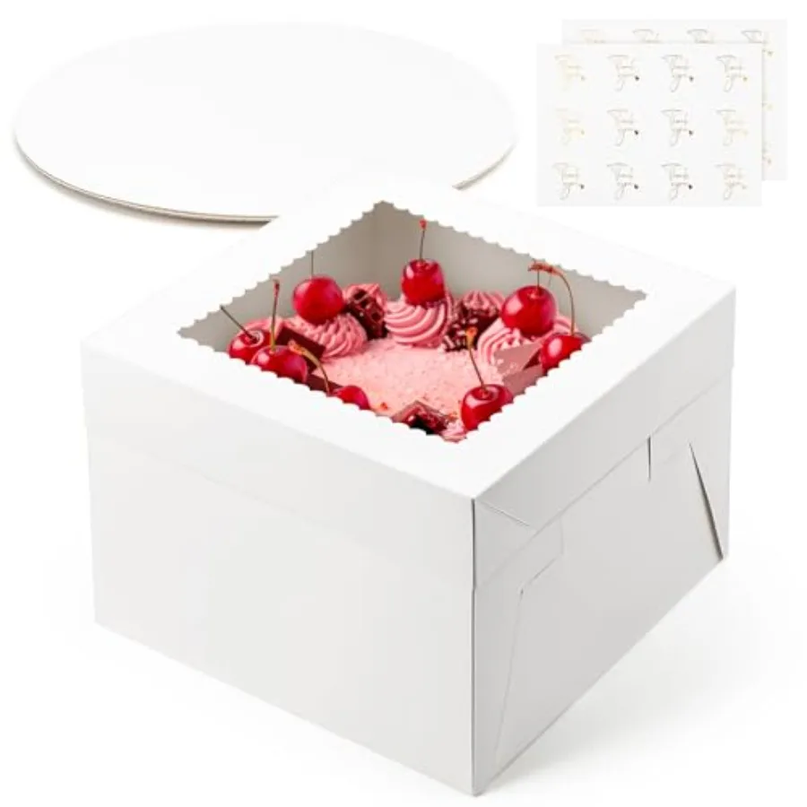

2 Pack Cake Boxes, 10 x 10 x 8 Inch Tall Cake Boxes with Cake Boards, Disposable Cake Containers with Lids and Window for Weddi