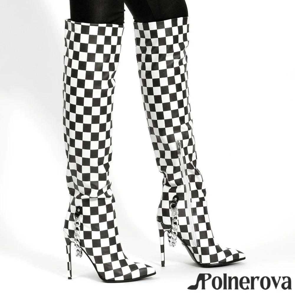 Chess-Style Faux Leather Knee-High Boots Black and White Fashion Stiletto Boots Sexy Pointed Toe Metallic Chain Boots for Women