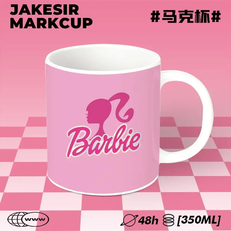 Y2K Barbie Mug Kawaii Letter Avatar Print Anime Cartoon Girl 350Ml Pink Ceramic Cup with Spoon Cute Room Desktop Decoration