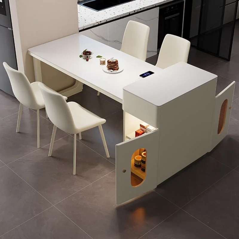 Rock slab island dining table household telescopic rock slab multi-functional living room small apartment solid wood dining tabl