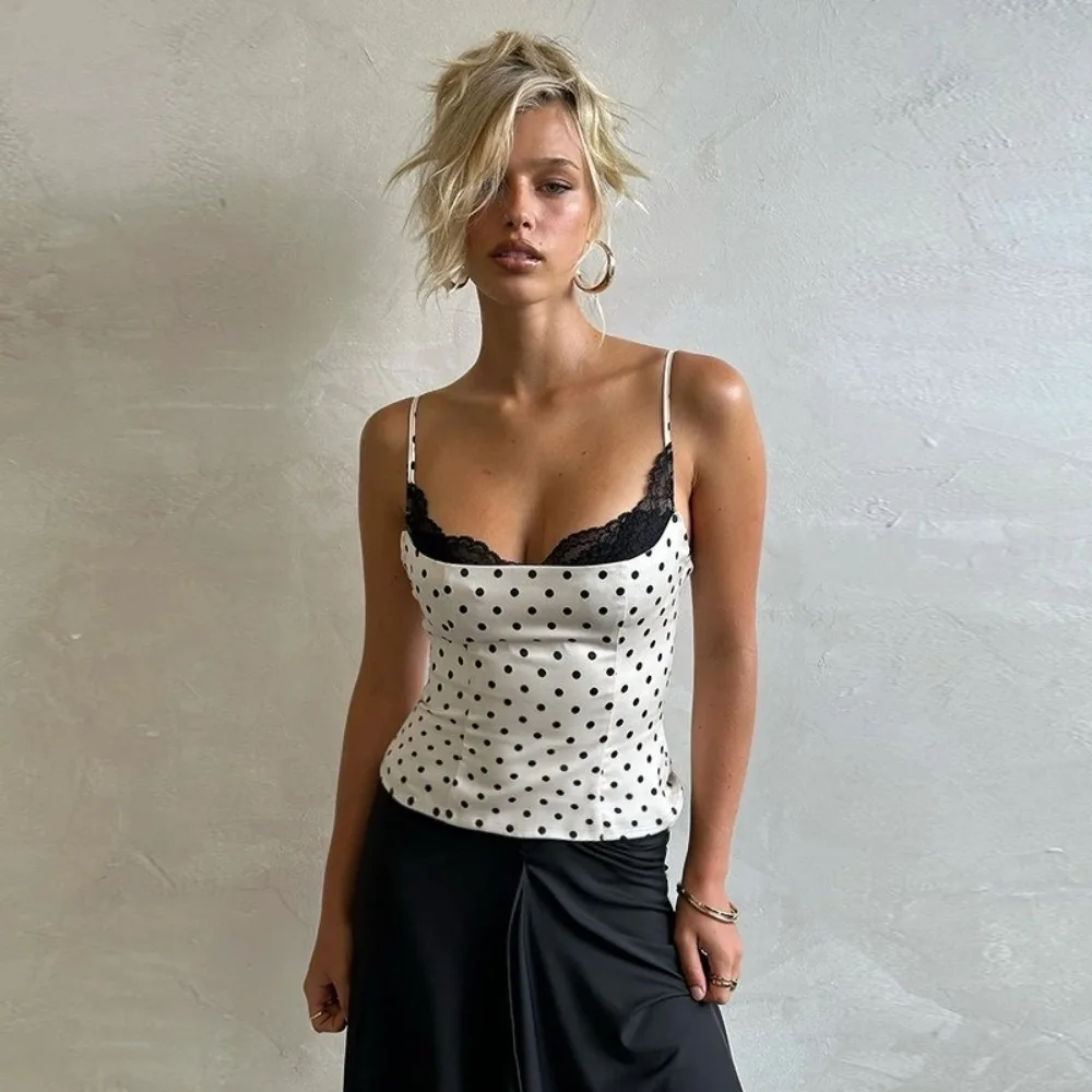 New Lace Splicing Retro Camisole Top Polka Dot Sleeveless Design Polka Dot Top Trendy Slim Fit Top Y2K Fashion Vacation