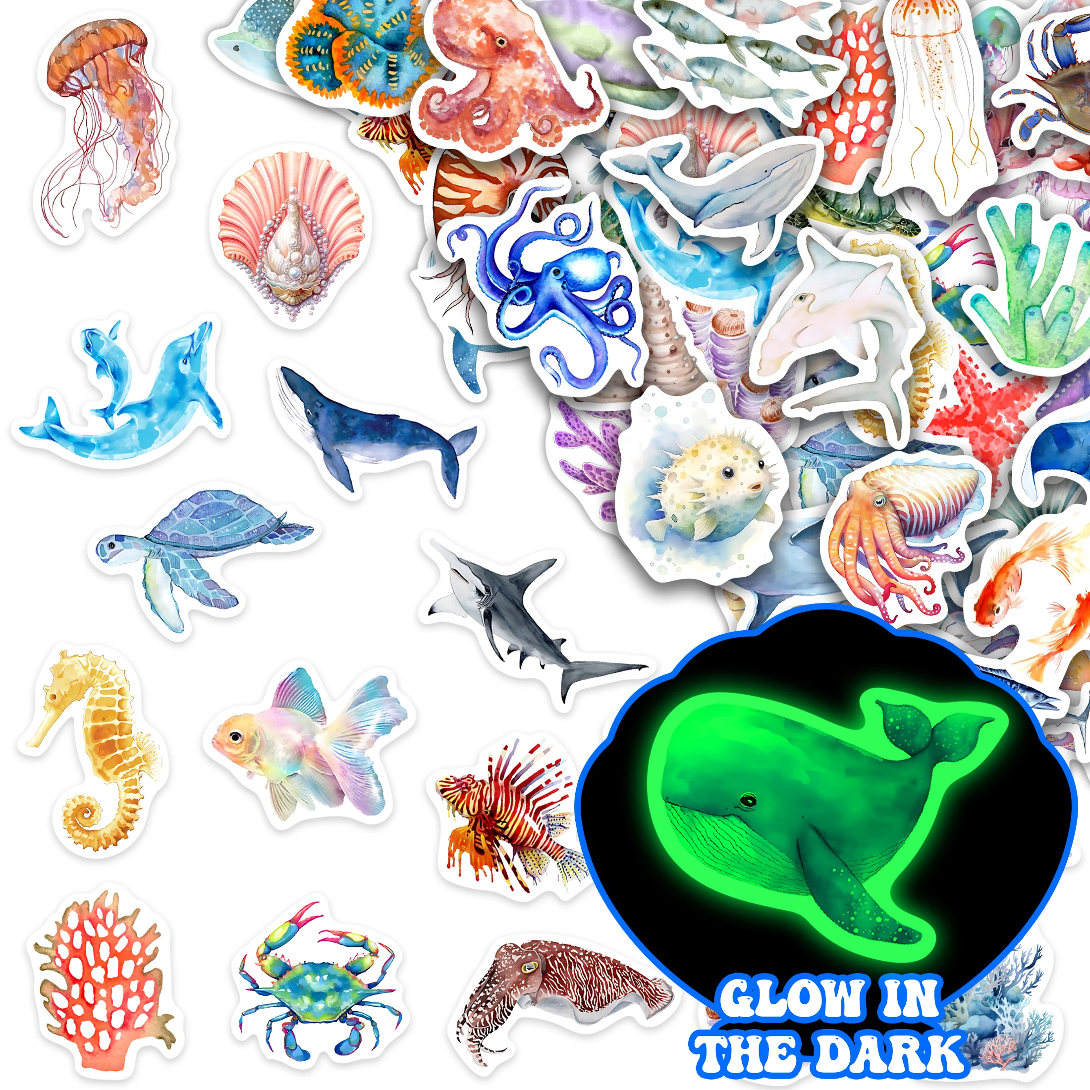 51 Pcs Sea Animals Water Bottle Stickers for Kids,Glow in The Dark Cute Ocean Creatures Laptop Decals, Vinyl Waterproof Adults