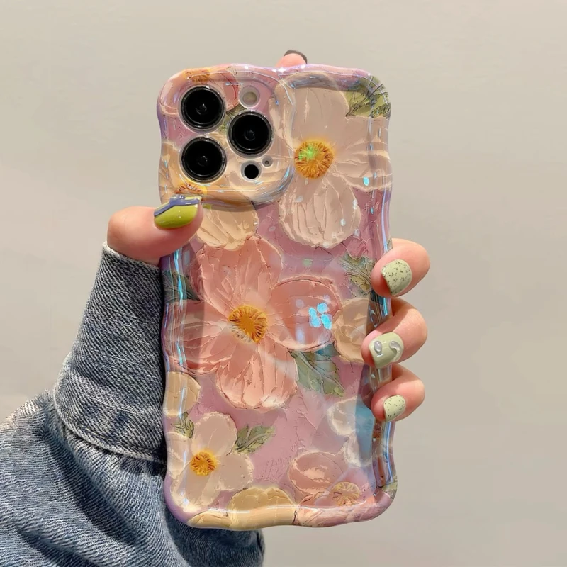 Luxury Laser Oil Painting Flowers Phone Cases For iPhone 11 12 13 14 15 Pro Max Shockproof Soft Bumper Back Cover Shell