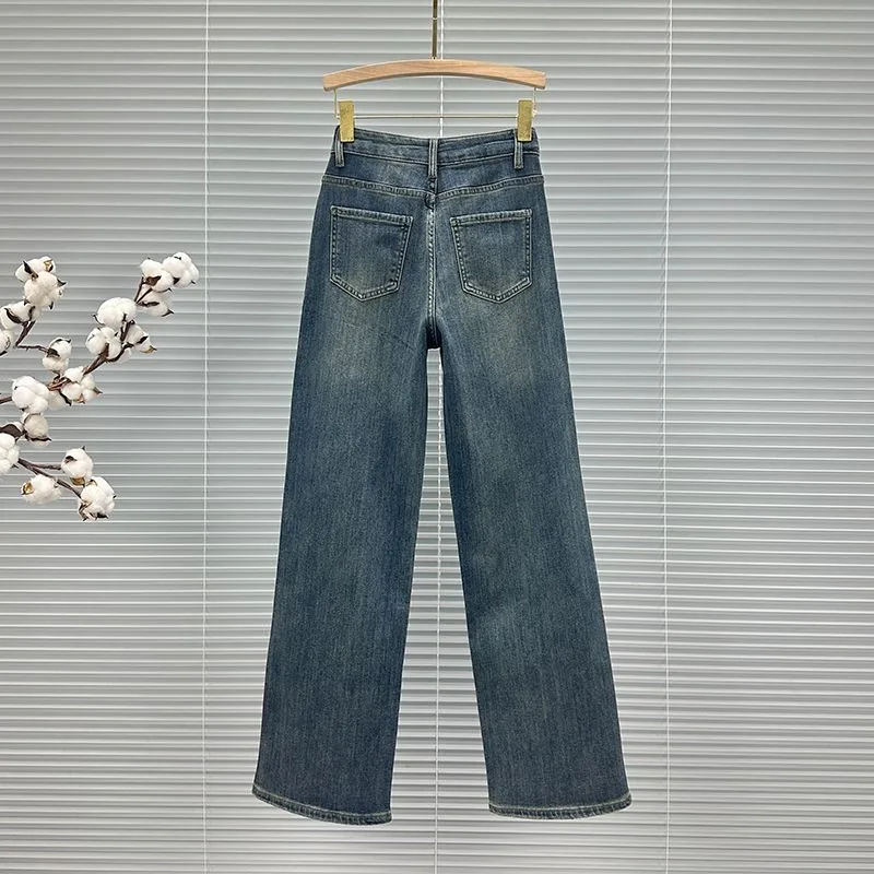 Ruit Strass Jeans Vrouwen Hoge Taille Katoenen Denim Jeans Elegante Baggy Broek Broek Rechte Y2k Broek Mode Vrouwen Denim