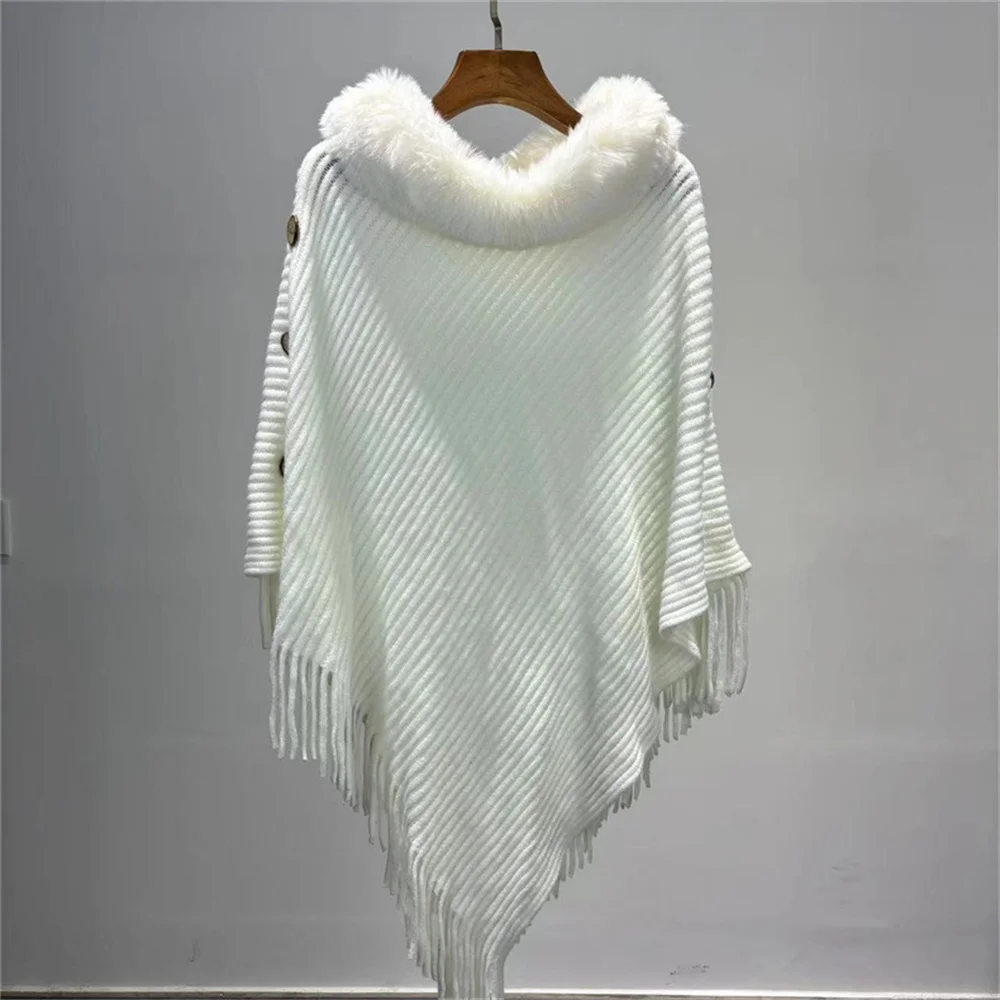 6 Colors Women Knitted Poncho Shawl Outwear Autumn Winter Fashion Tassel Batwing Sleeves Faux Fur Neck Pullovers Capes Overcoat