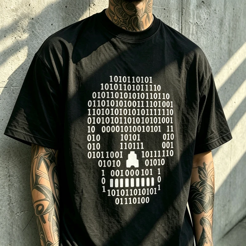 Hacker Binary Skull Pattern Print Tshirt Unisex Cotton O Neck Short Sleeve Computer Programmer Trendy Street Tee Harajuku Y2k
