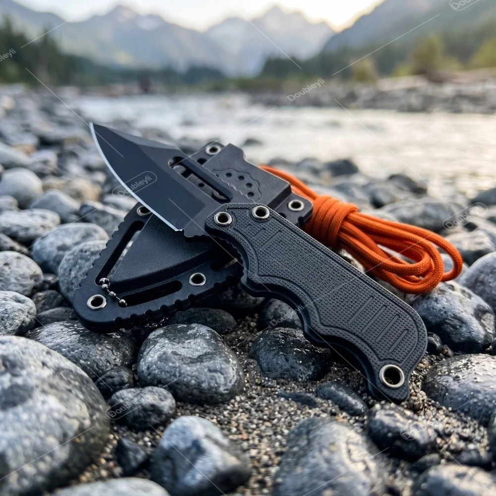 EDC Mini Outdoor Camping Straight Knife with Sheath Nylon Fiber Non-slip Handle Necklace Knife Fruit Knife Multi-functional Tool