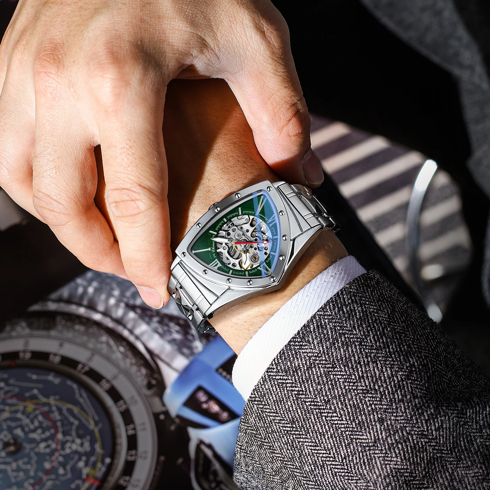 CHENXI Srebrne Zegarki Męskie Mechaniczne z Serii Szkielet, Nieregularny Trójkąt, Świecący Pasek ze Stali Nierdzewnej, Zegarek Premium 2025