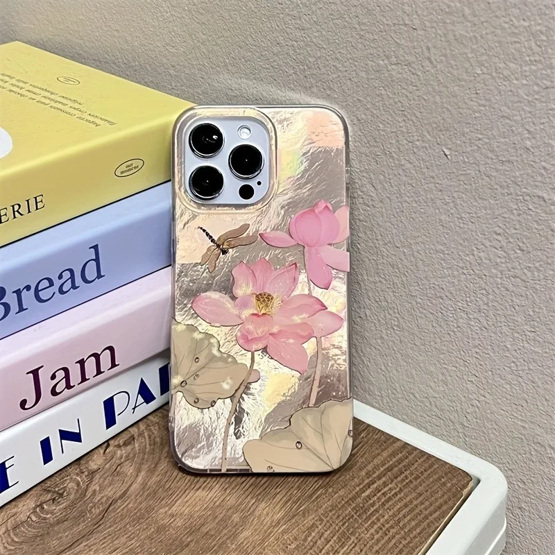 Lotus Dragonfly Phone Case For iPhone 16 15 14 13 12 11 Mini Pro Max X XR XSMax 7 8 Plus Glacier Pattern Shockproof Soft Cover