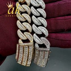 Aokaishen Iced Out Miami Cuban Link Bracelet for Men Prong Setting Real Gold Plated Cubic Zirconia Hip Hop Jewelry