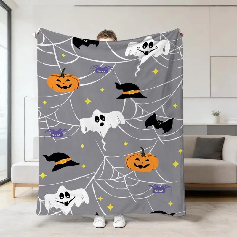 Halloween Warme Weiche Decke mit Geister-, Kürbis- und Totenkopf-Druck, Flanell-Schlafdecken, Multifunktionale Dekorative Decken – Detail 8