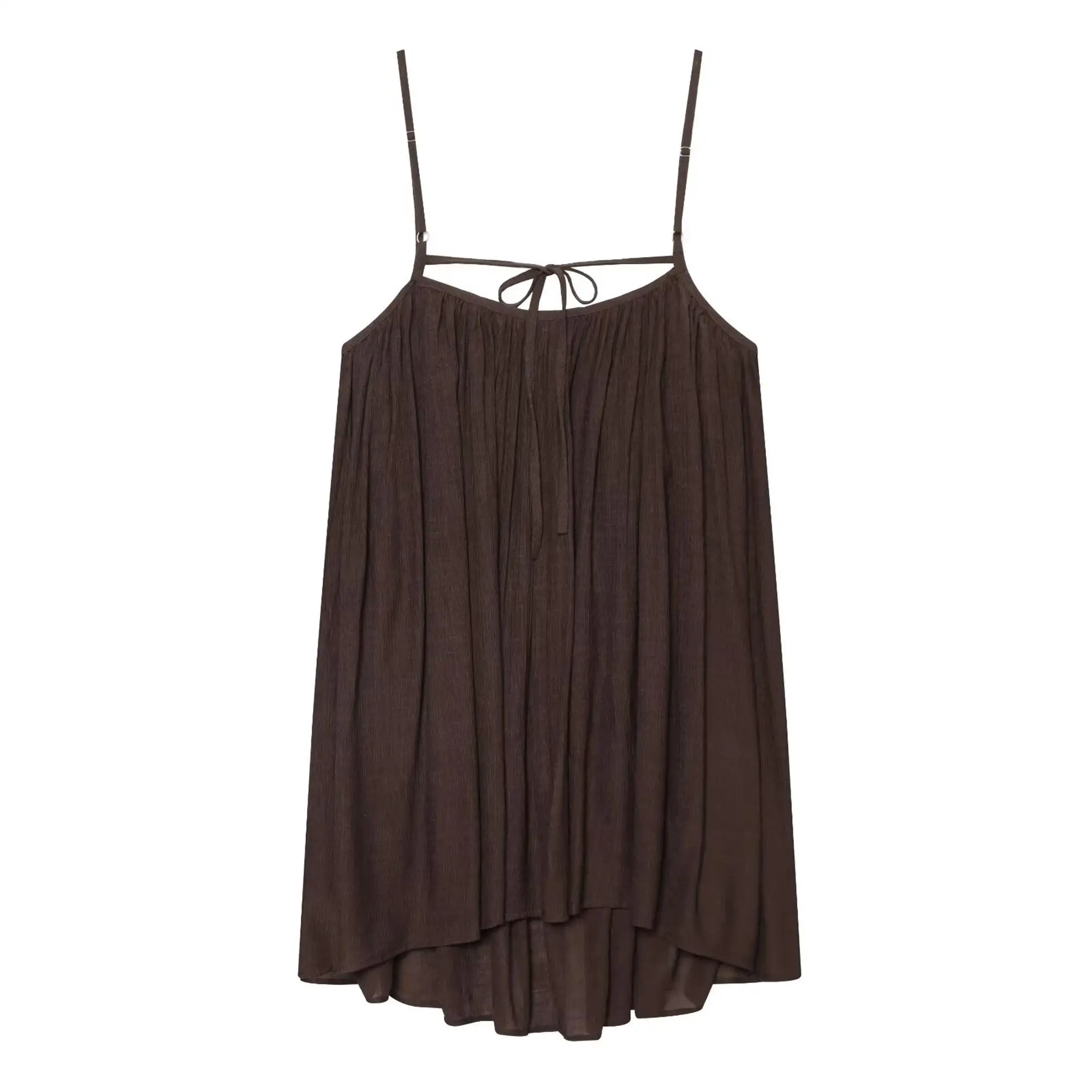 TFMLN Women Round Neck Pleated Sling Dresses Summer New Sleeveless Loose Fit Backless Solid Dress Fashion Holiday Casual Clothes