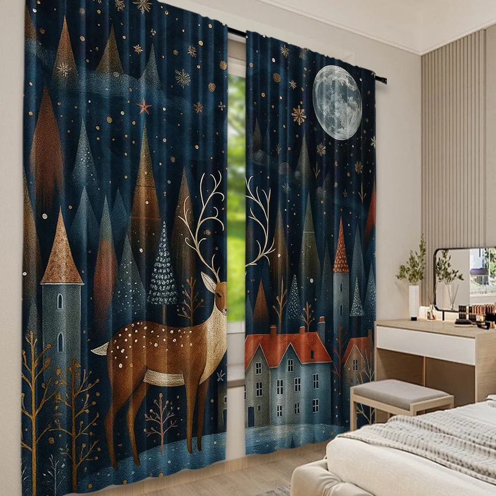 2D الطباعة المسطحة 2PCS عيد ميلاد سعيد الستائر العصرية عشية عيد الميلاد في مدينة الثلج والنجوم والقمر والرنة الرقمية المطبوعة