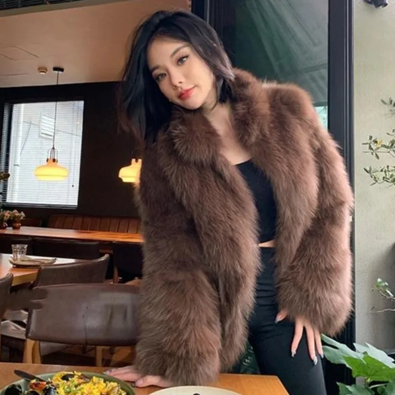 Fashion Women Faux Fox Fur Coat Casual Stand Collar Outwear 2023 Winter New Loose Solid Color Thickened Keep Warm Short Jacket