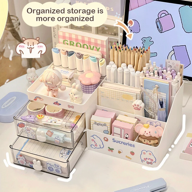 Imagem -02 - Caixa de Armazenamento de Cosméticos de Mesa Organizador Gaveta Rack de Armazenamento de Escritório Papelaria Caneta Titular Coelho Gaveta Organizador Bonito Kawaii