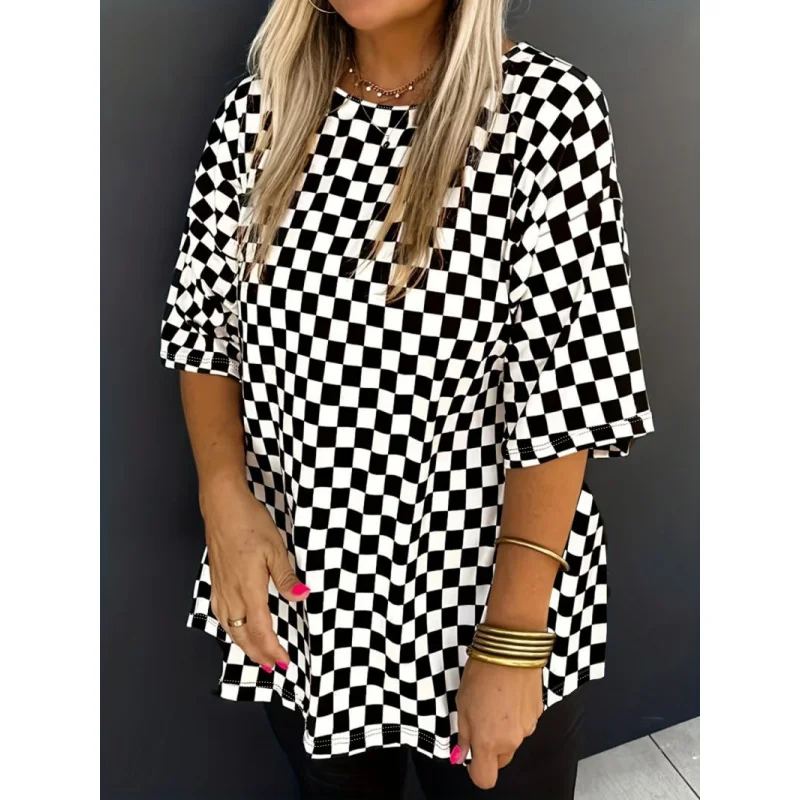

New style women's spring and summer casual short sleeveTShirt Black and White Plaid Print Round Neck Top