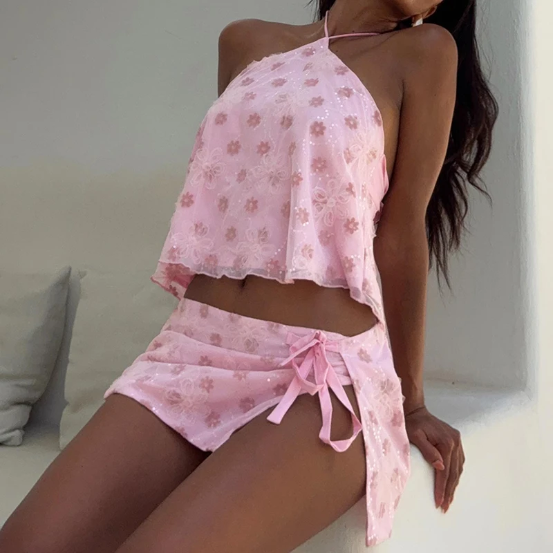 

Glitter Sparkly Outfit Floral Sequin Pink 2 Pcs Set Women Sleeveless Halter Camis Backless Tie Up Crop Tops + Split Mini Skirt