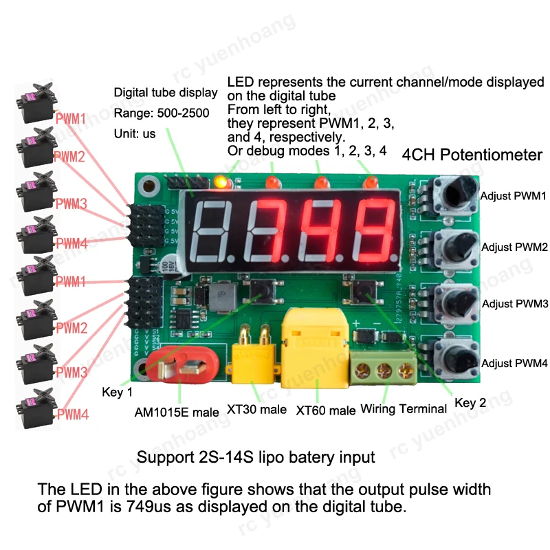 Módulo de prueba de engranaje de dirección ajustable para barco RC, entrada de Servo depurador independiente, 1 piezas, 4 canales, 2-14S PWM, salida de señal