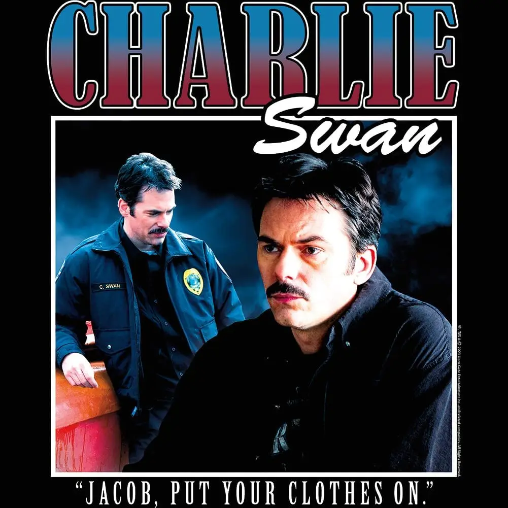 الكلاسيكية الأمريكية الشفق ساغا تشارلي سوان الكبار أسود قصير الأكمام تي شيرت أفلام مصاص دماء الجرافيك تيز #2