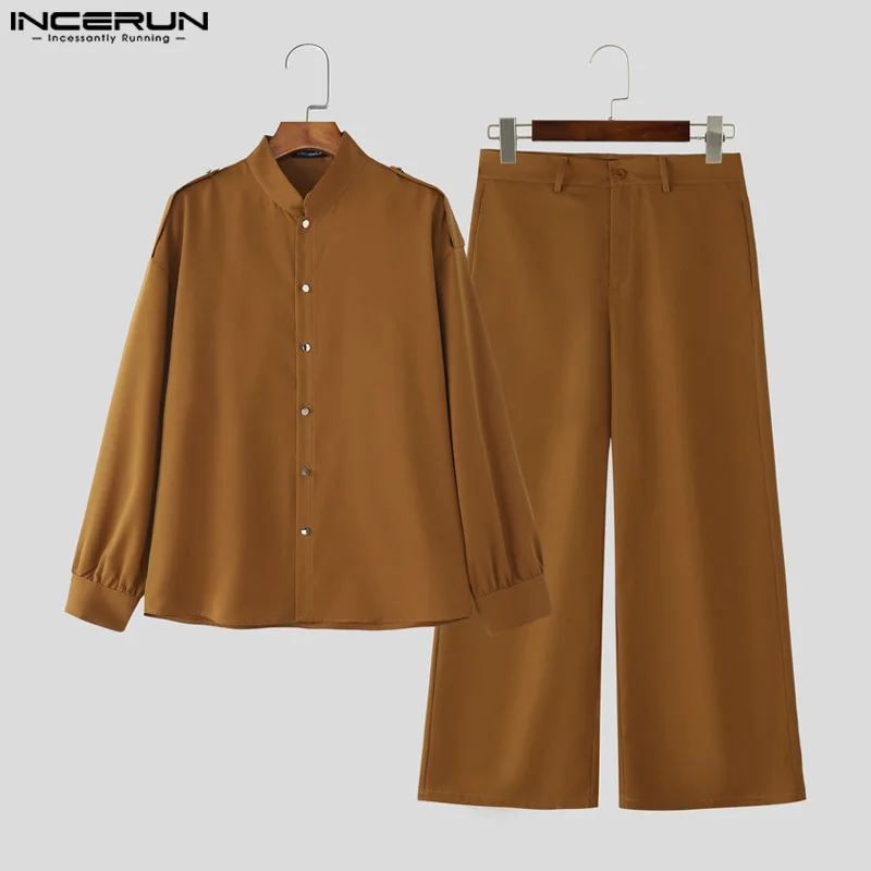 

INCERUN Мужские комплекты, однотонная рубашка с длинным рукавом и брюки, комплекты из двух предметов, уличная одежда, свободные модные мужские повседневные костюмы 2025, S-5XL
