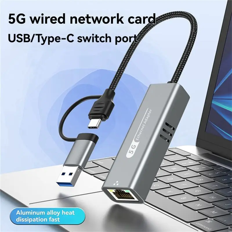 USB 3.0+Type-C To 5G Wired Network Card Adapter 1000 Mbps Network Adapter RJ45 Network Port For Laptop Win10/11/Mac OS