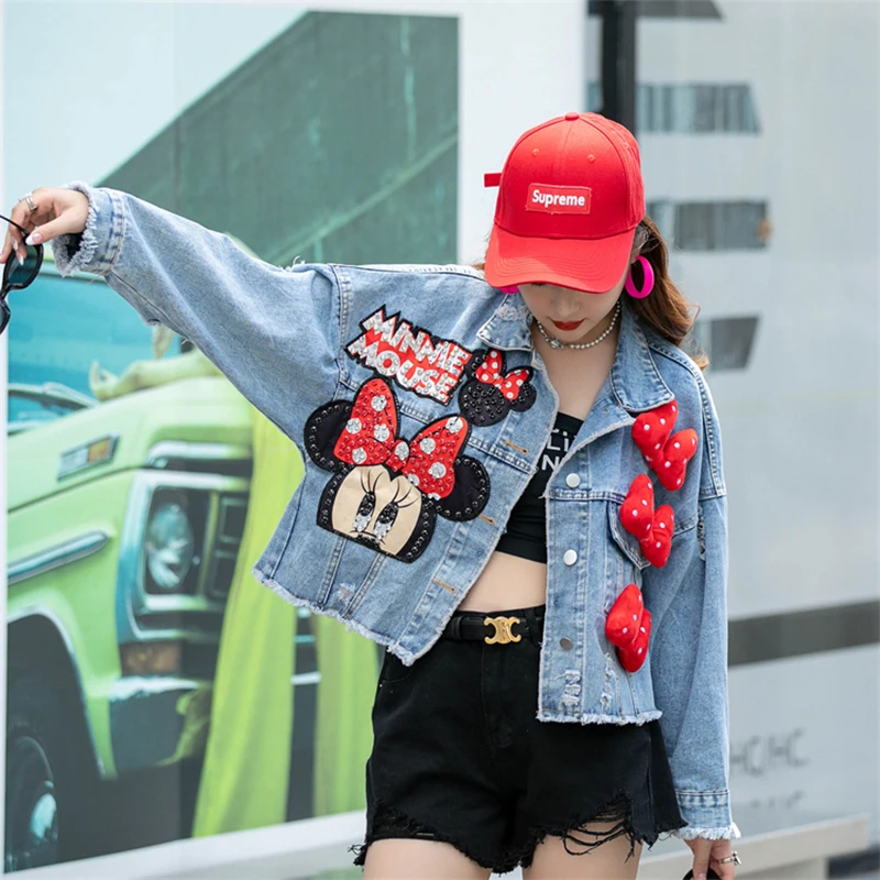 Women Jacket European American Style Heavy Industry Nail Bead Denim Coat 2024 New Sweet Short Top