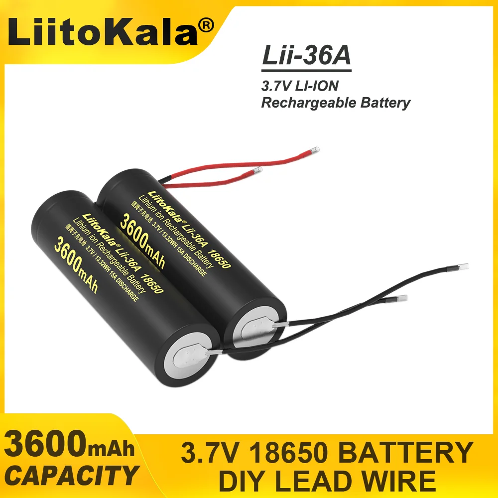 1-20PCS 100% Original New LiitoKala Lii-36A 18650 3600mAh 3.7V Lithium Rechargeable Battery with DIY Silicone Cable Batteries