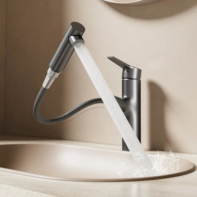 Pull-Out Cold Hot Kitchen Faucet, Anti-Splash Swivel Bathroom Sink Tap, Dual-Mode Spray Ceramic Cartridge Basin Mixer