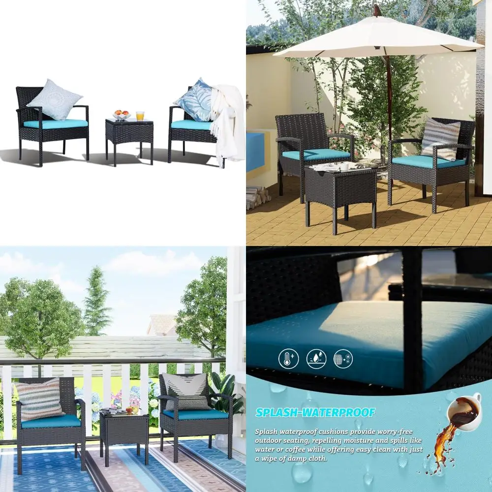 

MEISSALIVVE 3 Pieces Outdoor Patio Furniture Set, Small Wicker Bistro Conversation Set for Porch and Balcony, All Weather PE Rat