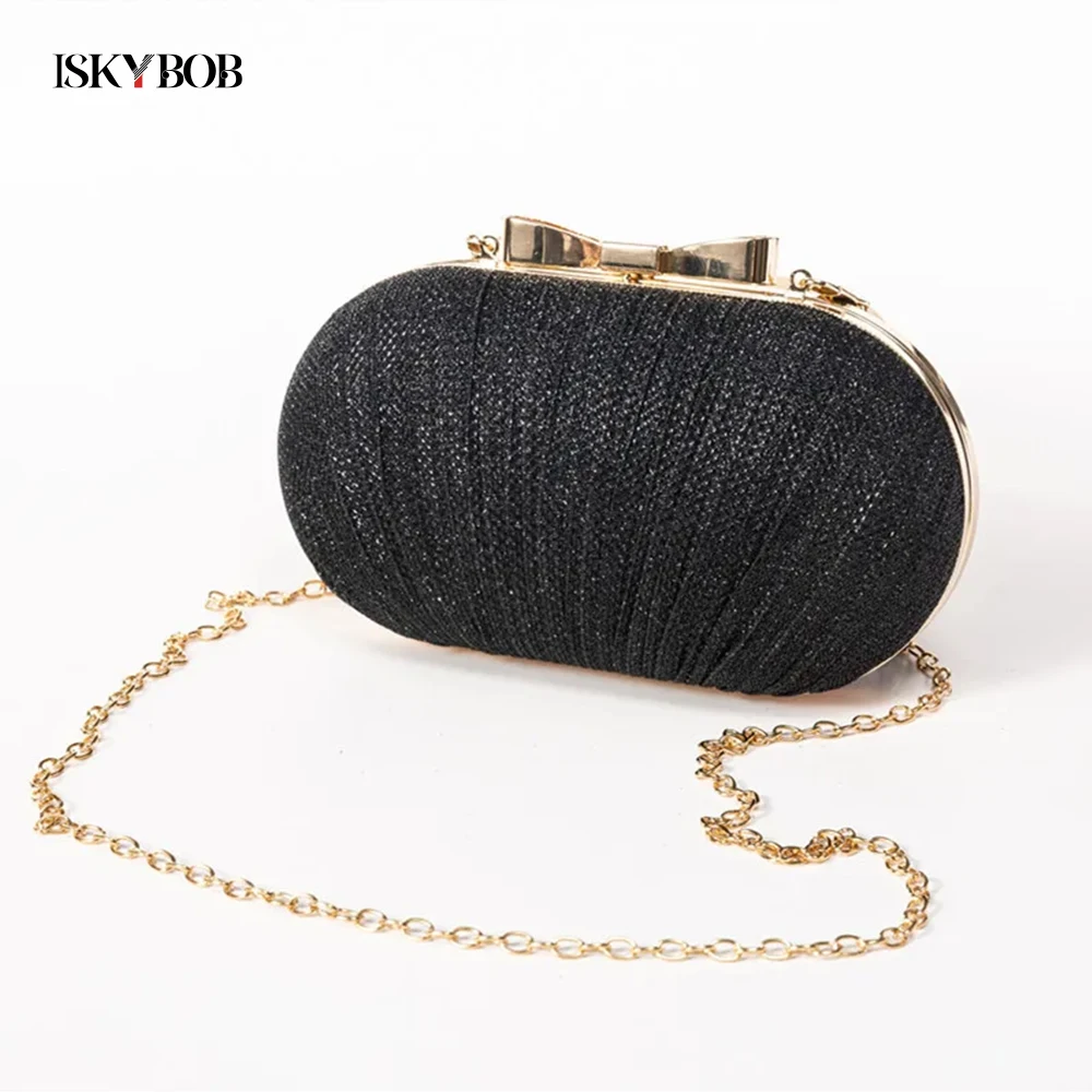 Rhinestones Clutch Evening Bag Egg Shape Luxury Shiny Wedding Ladies Chain Shoulder Bags Metal Bow Buckle Handbag for Woman