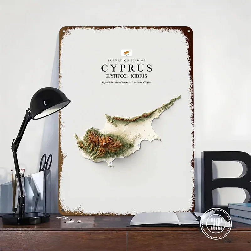 Elevation Map of Cyprus 3D Texture Metal Poster Customized Wall Art Tin Sign Gift for Mancave Gaming Decoration Room Wand Deko