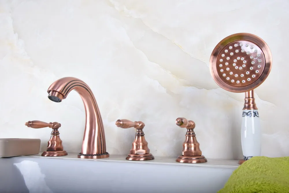 

Antique Red Copper Brass Three Levers Handles Deck Mounted 5 Holes Bathroom Tub Faucet Mixer Tap With Handshower mtf186