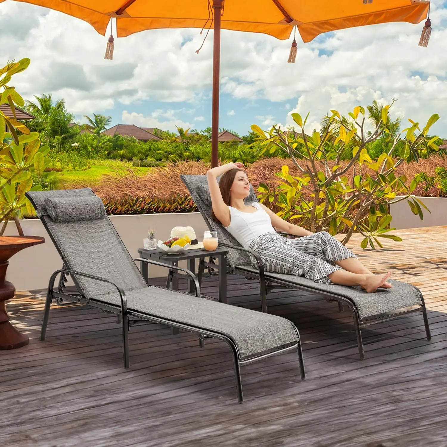 

Pool Chaise Lounge Chair Set of 2, Outdoor Lounge Chairs with Adjustable Backrest, Waterproof Upgraded Patio Lounge Chairs for B