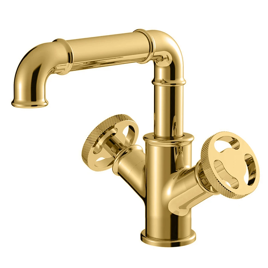 Basin Faucets Gold Brass Bathroom Faucets  Industrial Style Sindle Hole Dual Handle Contemporary Water Mixer Tap  WF-F20A05KP