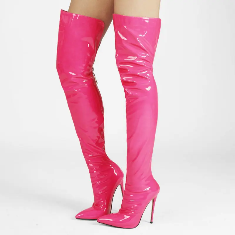 

Sharp pointed women's boots 2025 patent leather women's over the knee boots with back zipper thigh boots