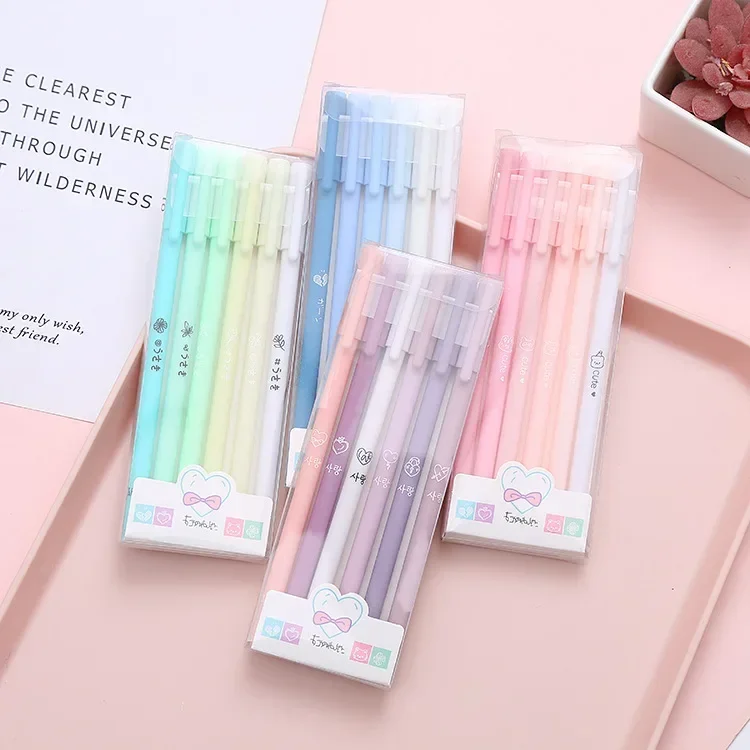 6Pcs INS Aesthetic Morandi Color Gradient Gel Pen 0.5mm Black Ink Writing Pen Kawaii Student Stationery Cute Kid School Supplies