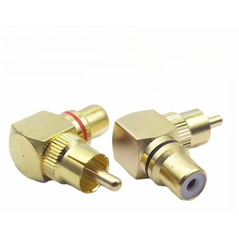 Conector de latón RCA de ángulo recto, conector macho a hembra chapado en oro, adaptadores de 90 grados, conector banana rojo y negro, 2 piezas