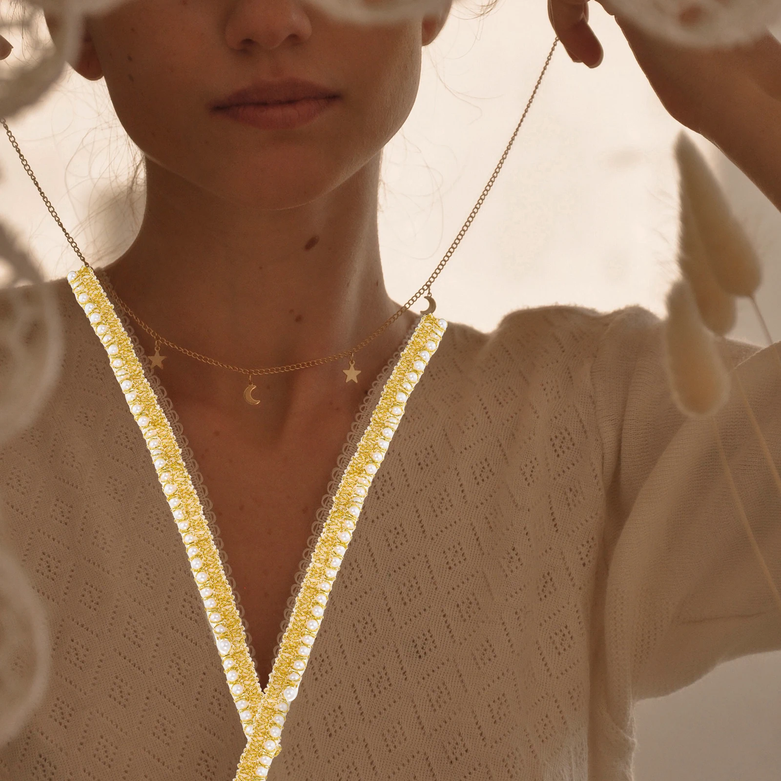 

Pearl Webbing Beige Polyester Embellishment Elegant Pearl Trim Lacework Side Design Clothing Decor DIY Accessories